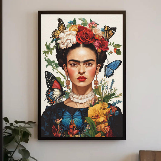 Frida Kahlo Canvas Print – Vibrant Mexican Wall Art | Butterflies Flower Portrait - Antarmada