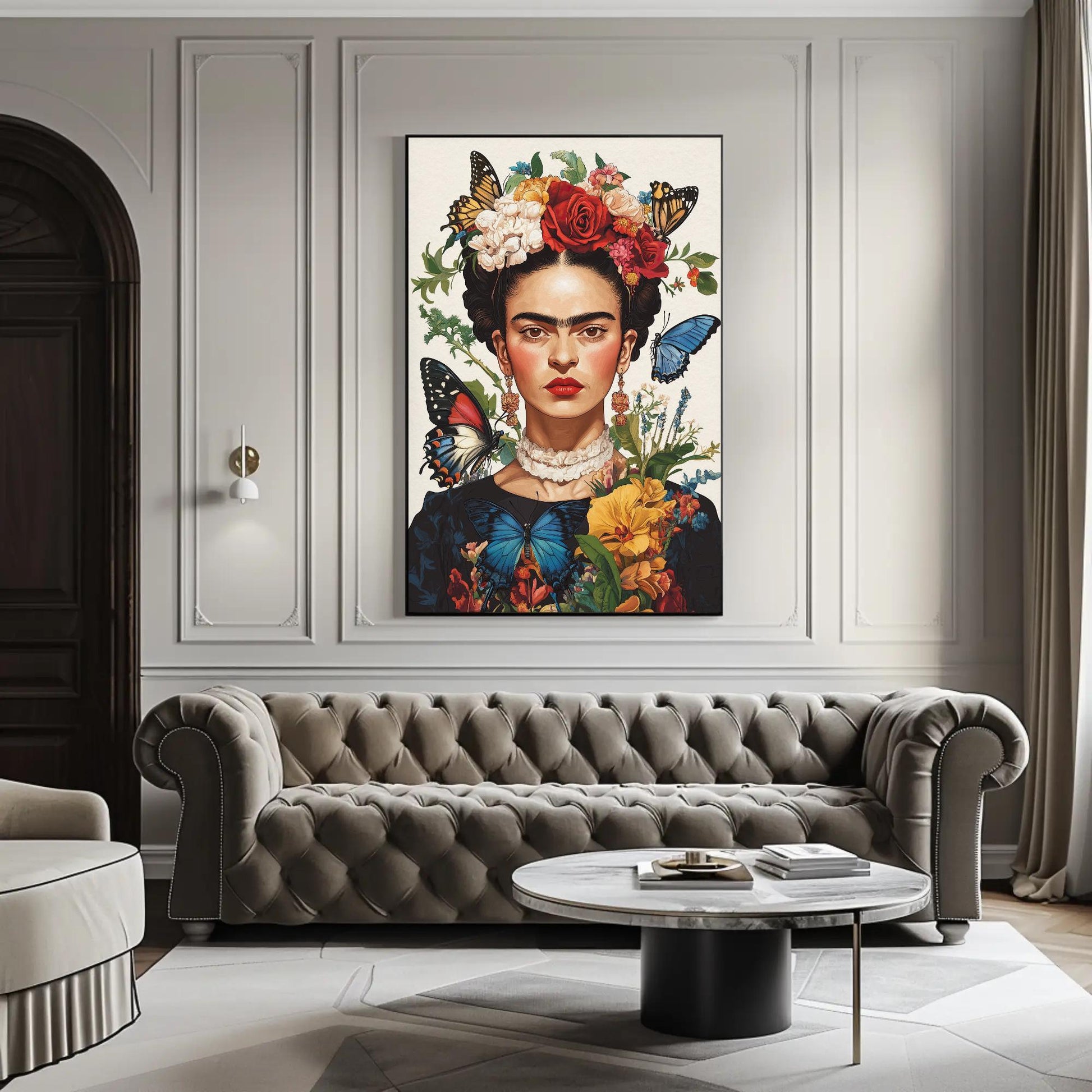 Frida Kahlo Canvas Print – Vibrant Mexican Wall Art | Butterflies Flower Portrait - Antarmada