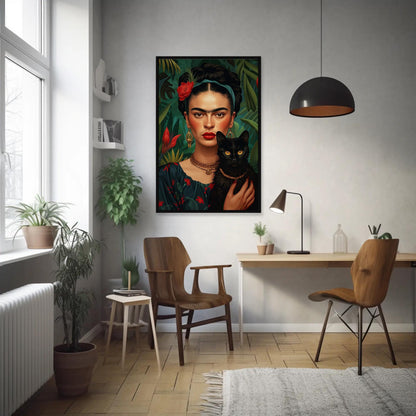 Frida Kahlo Portrait with Black Cat , Feminist Art canvas wall art shown in a styled room (view 8)