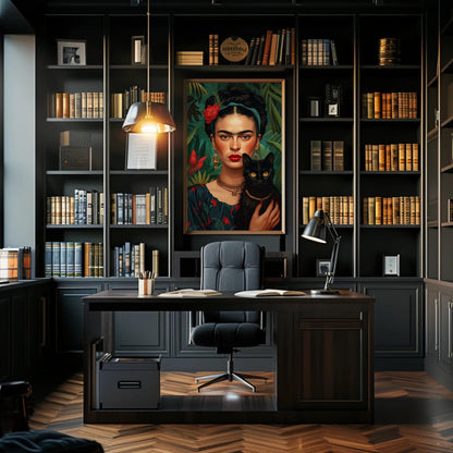 Frida Kahlo Portrait with Black Cat , Feminist Art canvas wall art shown in a styled room (view 3)