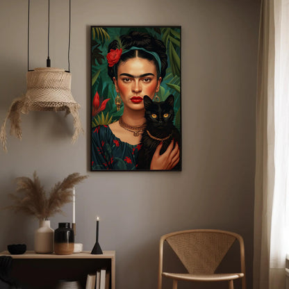 Frida Kahlo Portrait with Black Cat , Feminist Art canvas wall art shown in a styled room (view 5)