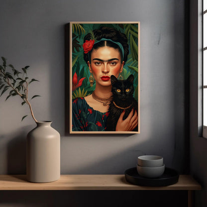 Frida Kahlo Portrait with Black Cat , Feminist Art canvas wall art shown in a styled room (view 7)