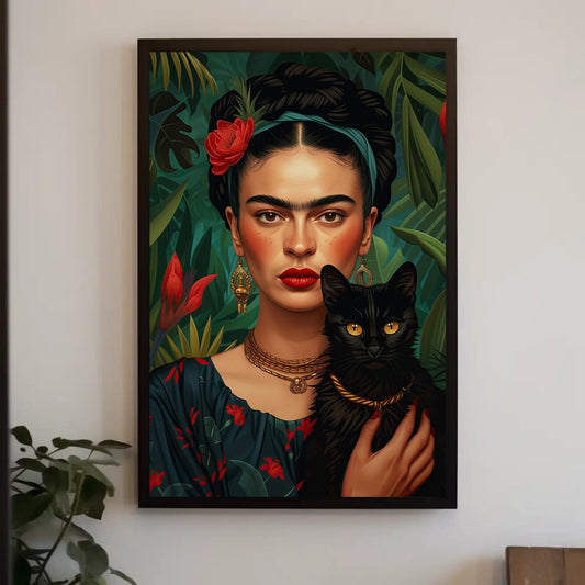 Frida Kahlo Portrait with Black Cat Canvas, Feminist Art - Antarmada