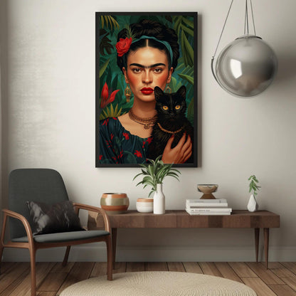 Frida Kahlo Portrait with Black Cat , Feminist Art canvas wall art shown in a styled room (view 2)
