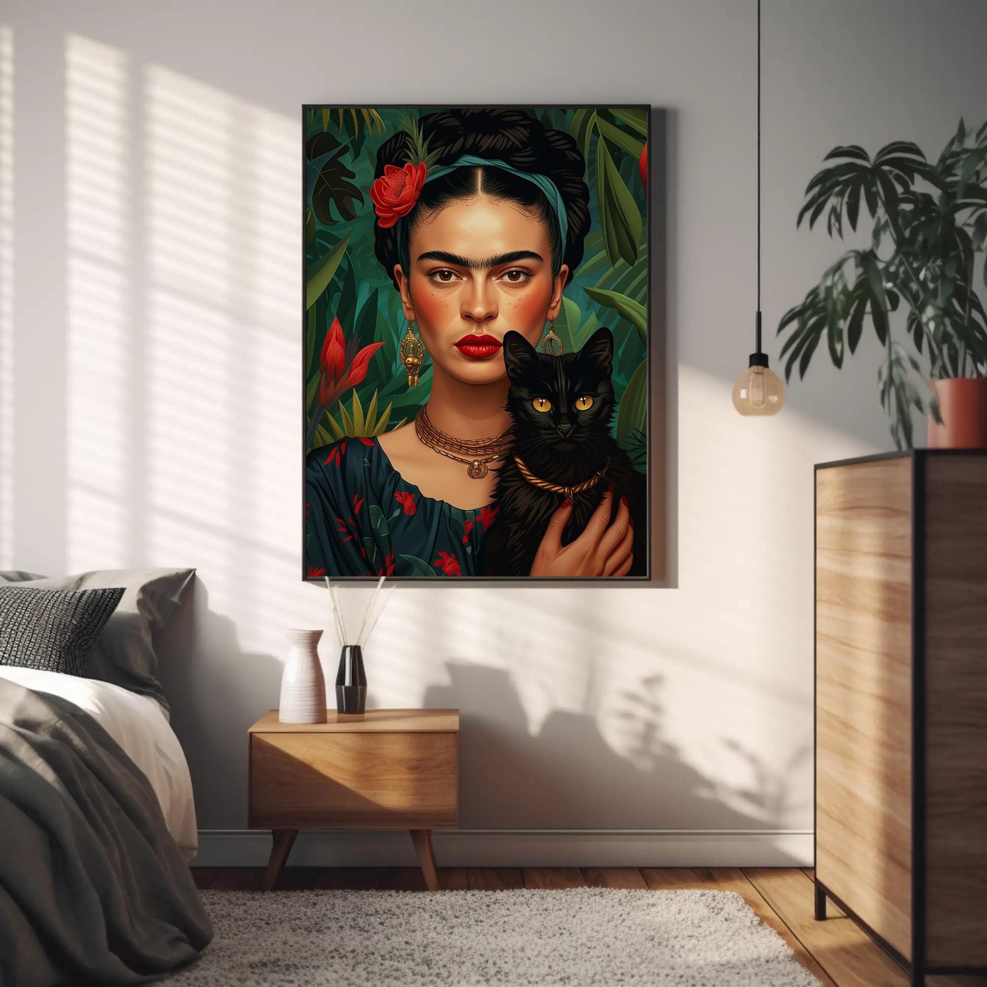 Frida Kahlo Portrait with Black Cat , Feminist Art canvas wall art shown in a styled room (view 6)