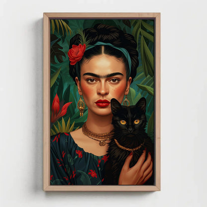 Frida Kahlo Portrait with Black Cat , Feminist Art canvas wall art shown in a styled room (view 4)