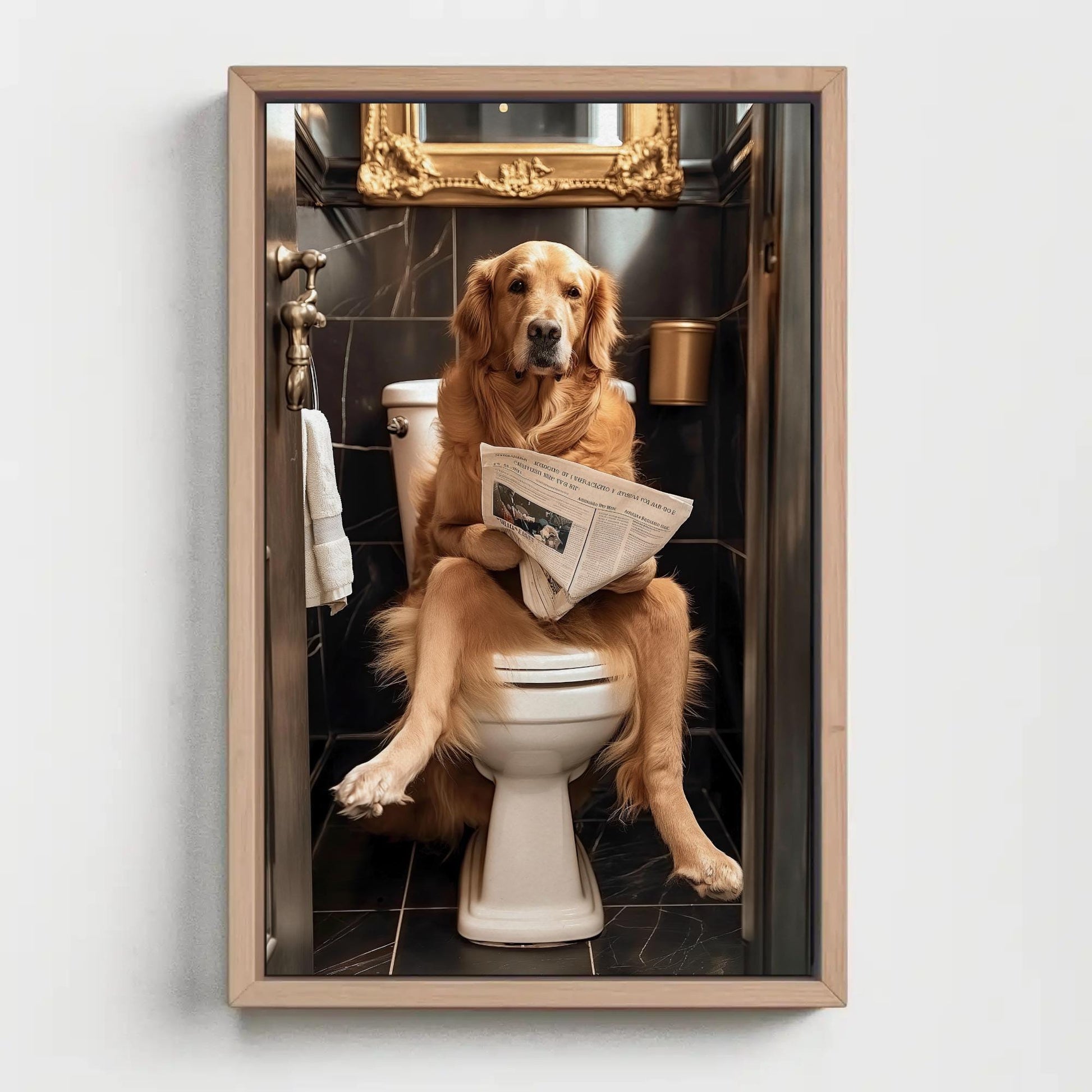 Funny Golden Retriever Art – Whimsical Bathroom Wall Art With Toilet Humor Print - Antarmada