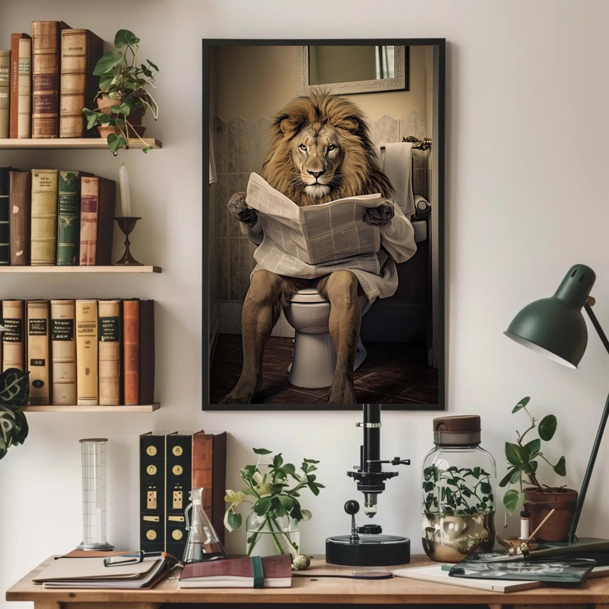 Funny Lion Bathroom Art - Majestic Lion Reading Newspaper Canvas Print - Antarmada