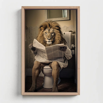 Funny Lion Bathroom Art - Majestic Lion Reading Newspaper Canvas Print - Antarmada