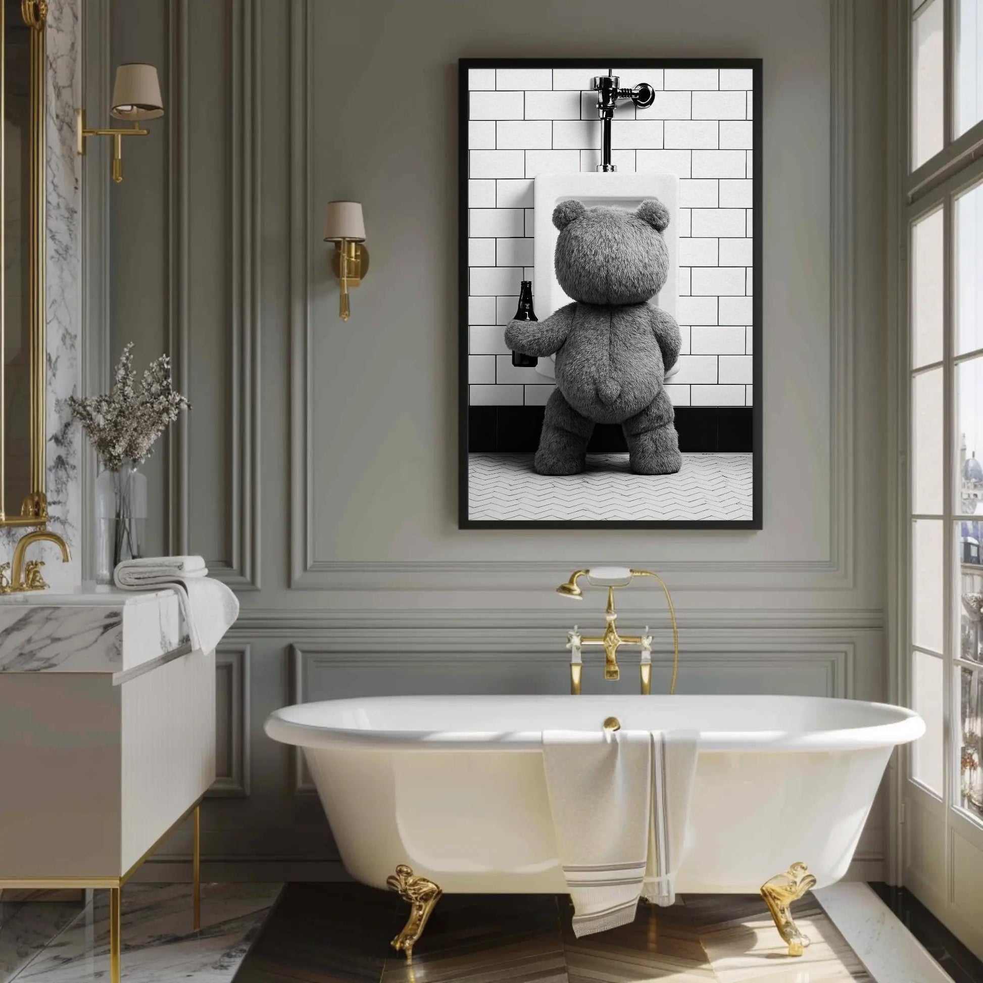 Funny Teddy Bear Canvas - Humorous Bathroom Wall Art | Beer Bear Print Decor - Antarmada