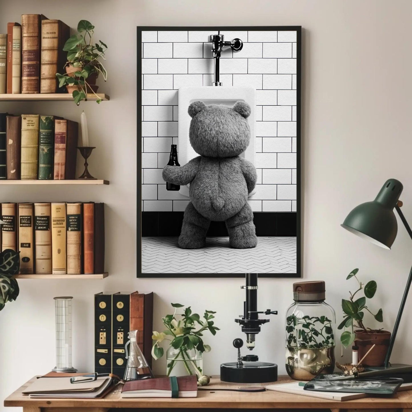 Funny Teddy Bear Canvas - Humorous Bathroom Wall Art | Beer Bear Print Decor - Antarmada