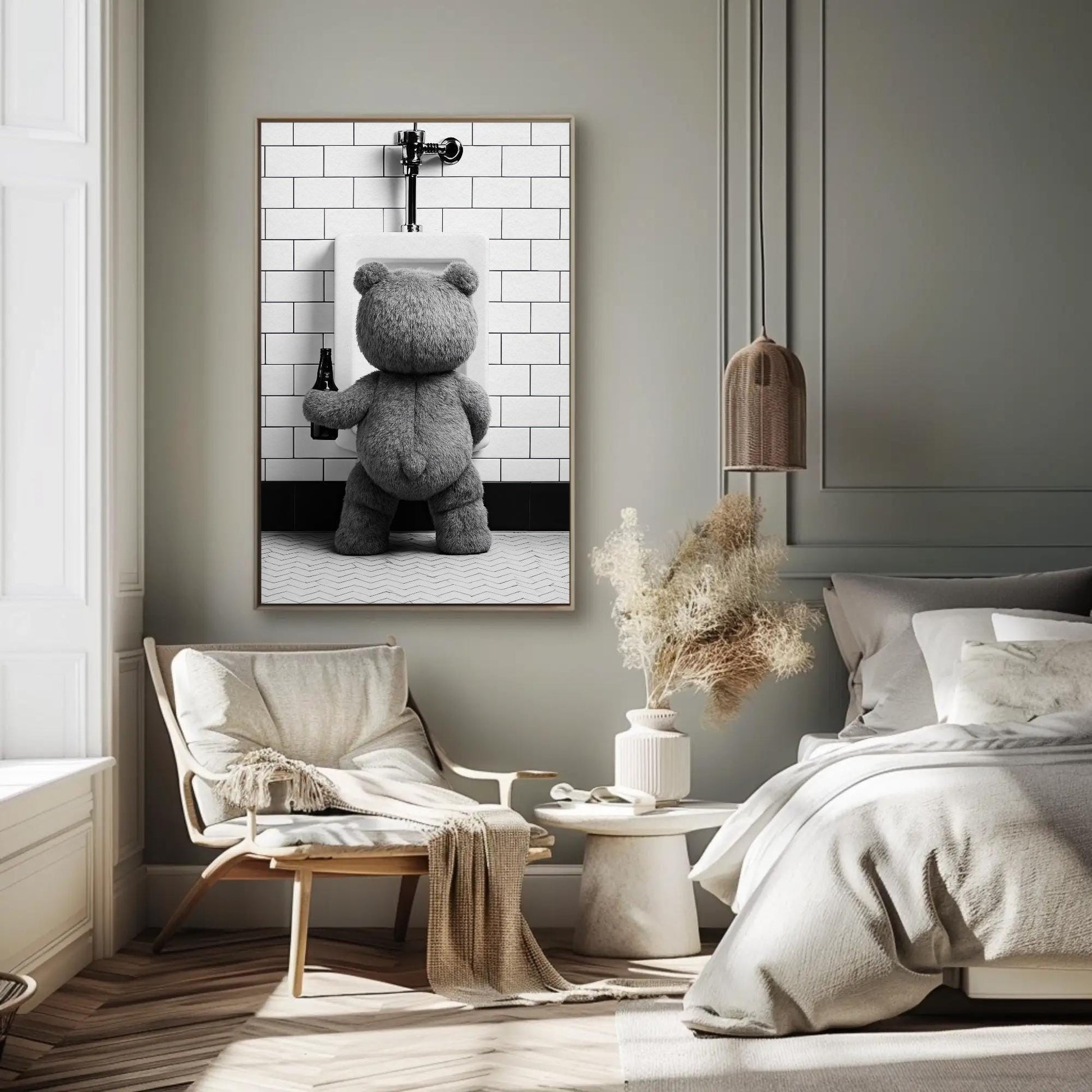 Funny Teddy Bear Canvas - Humorous Bathroom Wall Art | Beer Bear Print Decor - Antarmada