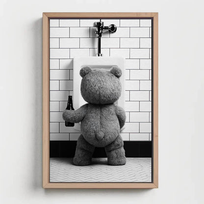 Funny Teddy Bear Canvas - Humorous Bathroom Wall Art | Beer Bear Print Decor - Antarmada