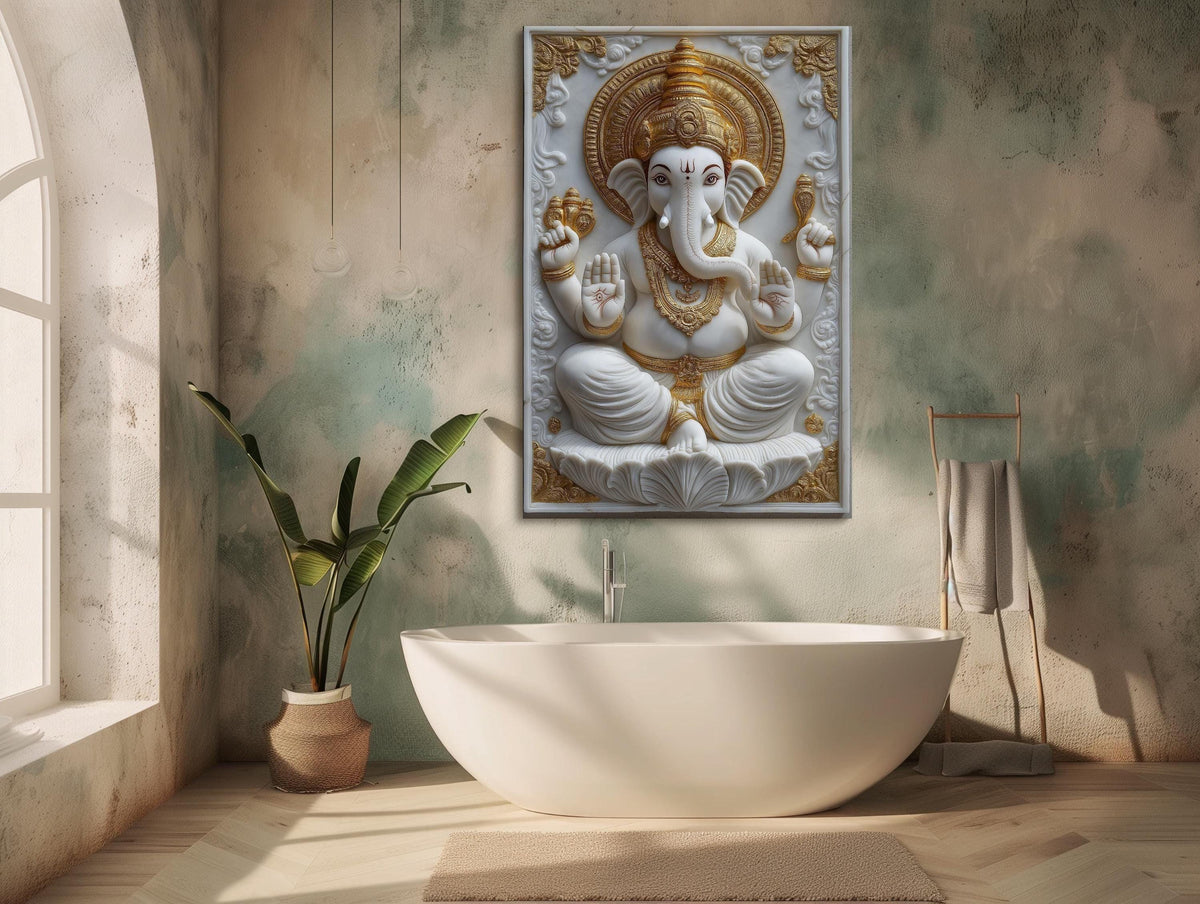 Ganesha 3D Canvas Print – White Marble Ganesha Spiritual Wall Decor Artwork - Antarmada