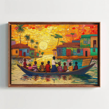 Ghana Canvas Art - Extra Large People on Boat African Wall Decor, Framed or Unframed - Antarmada