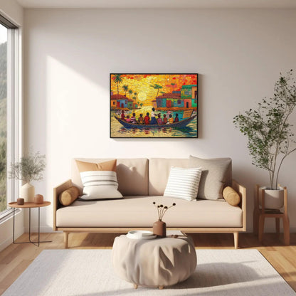 Ghana Canvas Art - Extra Large People on Boat African Wall Decor, Framed or Unframed - Antarmada