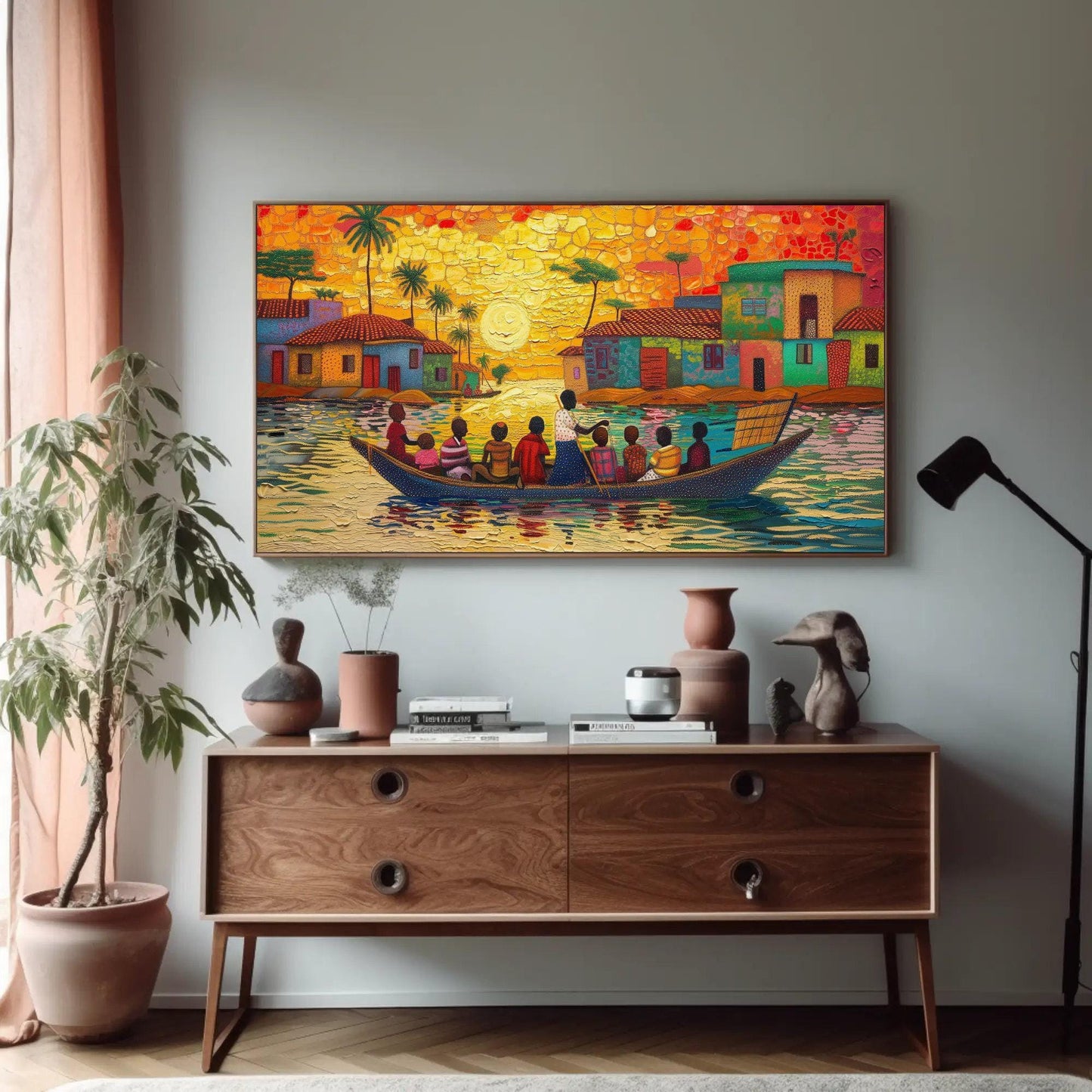 Ghana Canvas Art - Extra Large People on Boat African Wall Decor, Framed or Unframed - Antarmada
