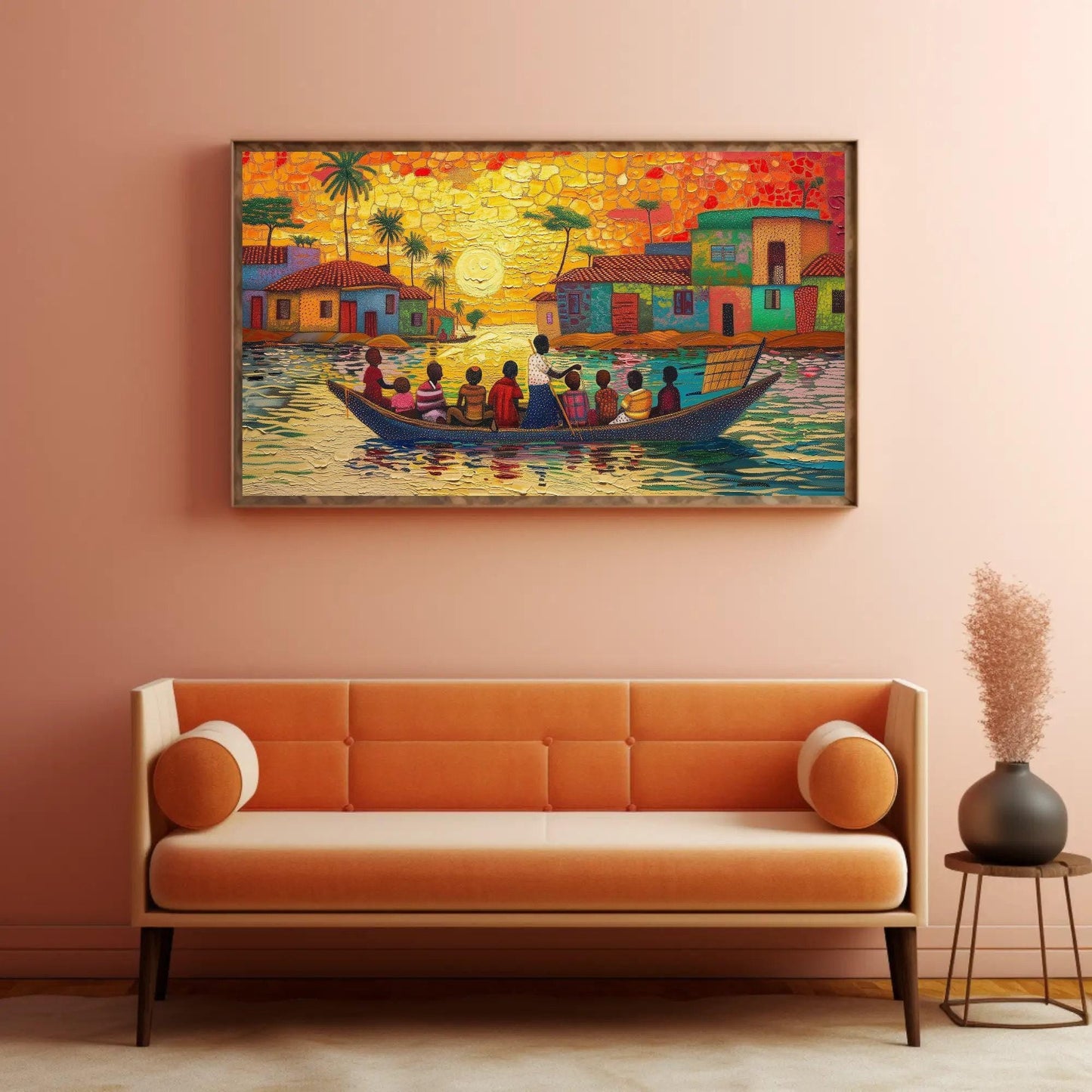 Ghana Canvas Art - Extra Large People on Boat African Wall Decor, Framed or Unframed - Antarmada