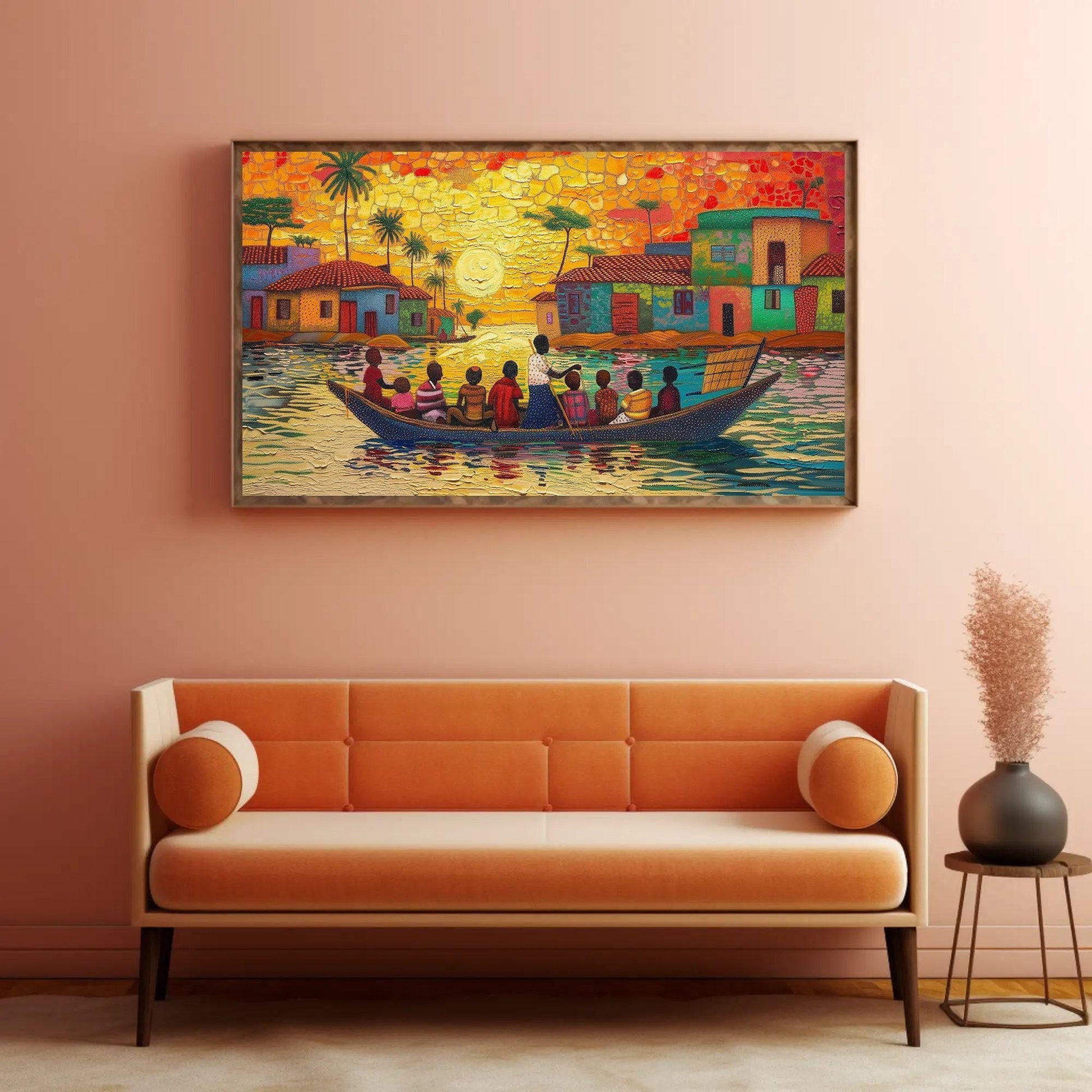 Ghana Canvas Art - Extra Large People on Boat African Wall Decor, Framed or Unframed - Antarmada