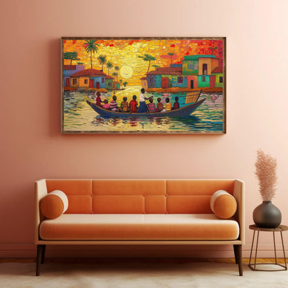 Ghana Canvas Art - Extra Large People on Boat African Wall Decor, Framed or Unframed - Antarmada