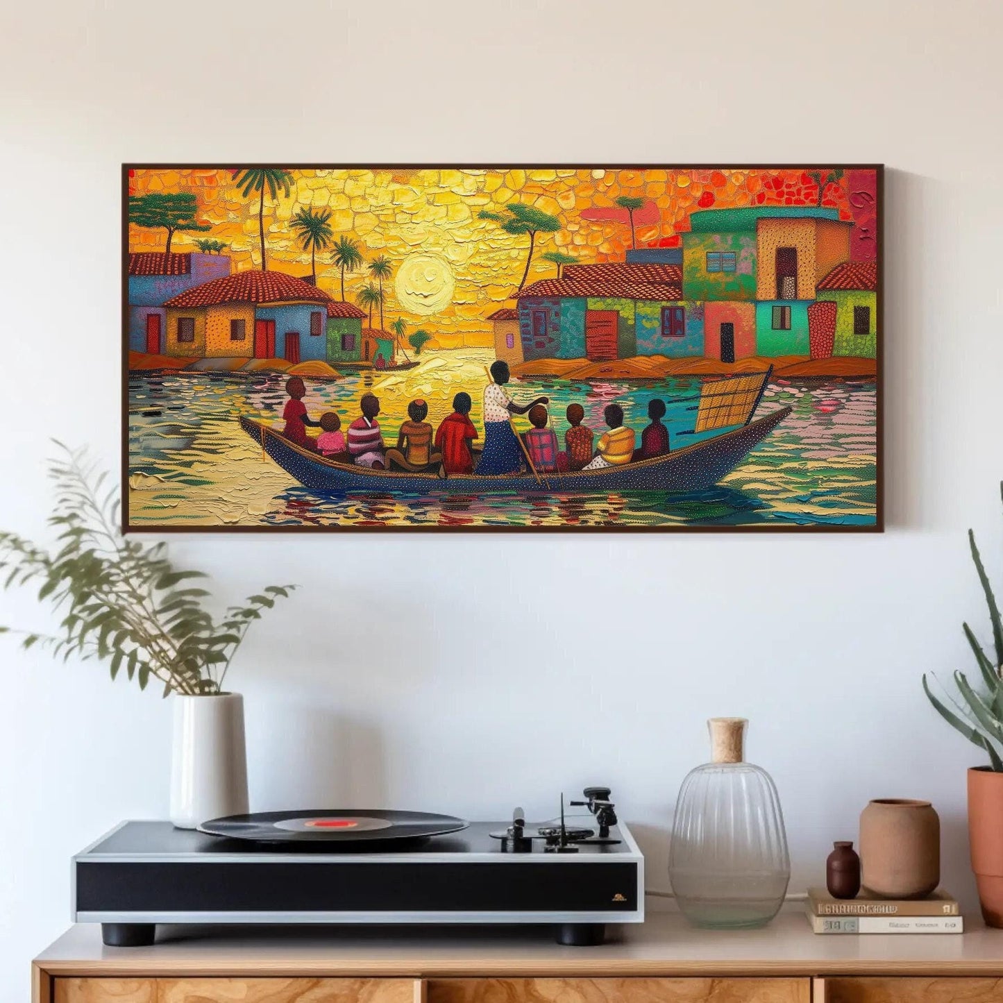 Ghana Canvas Art - Extra Large People on Boat African Wall Decor, Framed or Unframed - Antarmada
