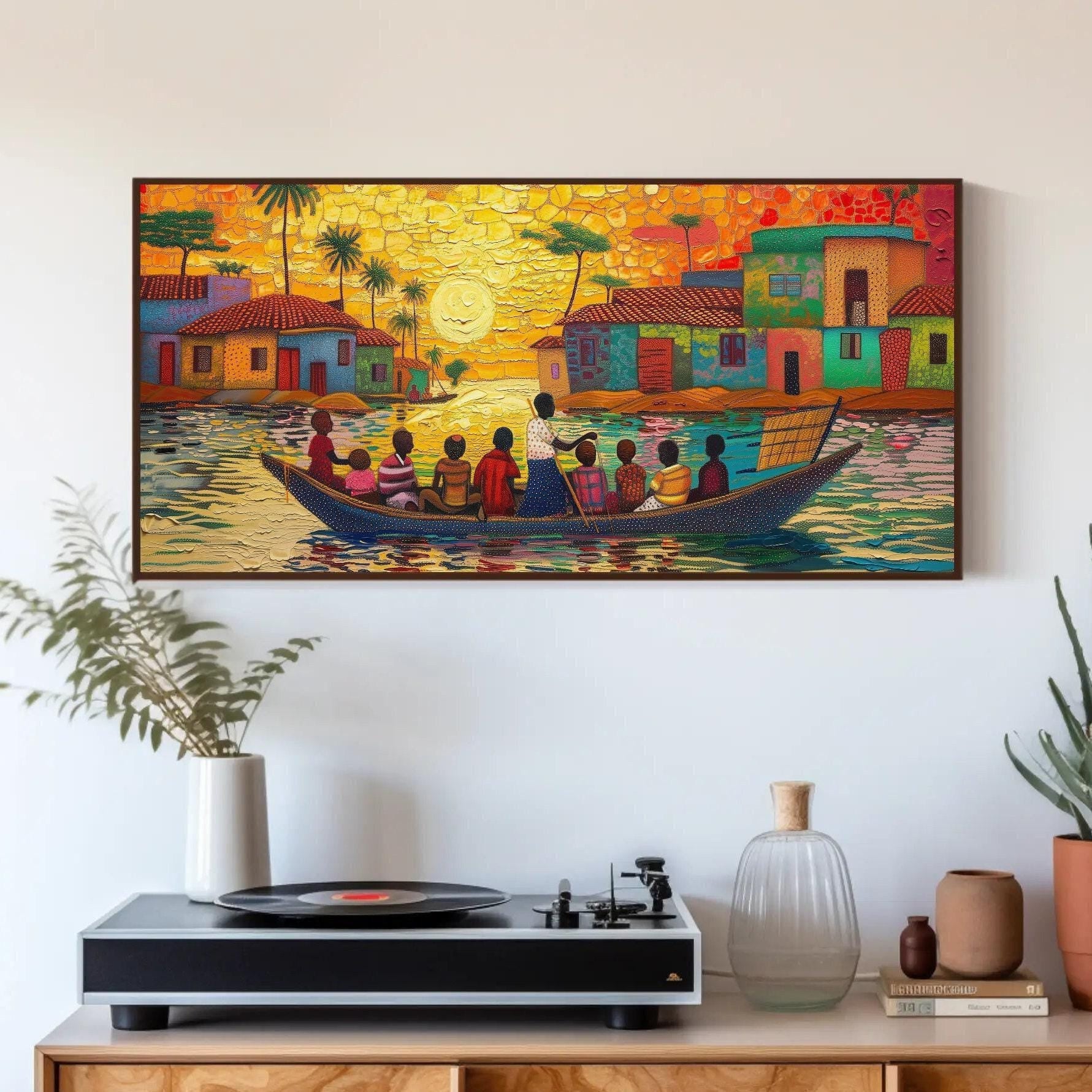 Ghana Canvas Art - Extra Large People on Boat African Wall Decor, Framed or Unframed - Antarmada