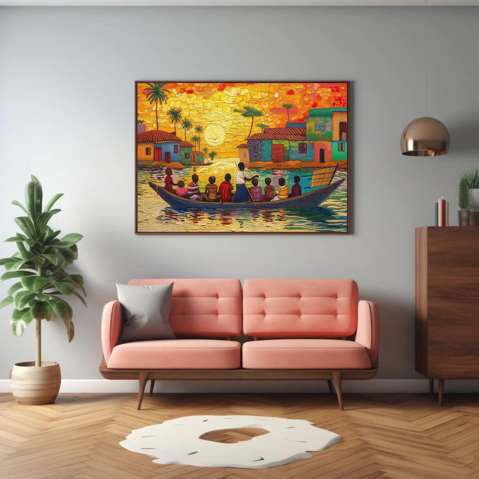 Ghana Canvas Art - Extra Large People on Boat African Wall Decor, Framed or Unframed - Antarmada