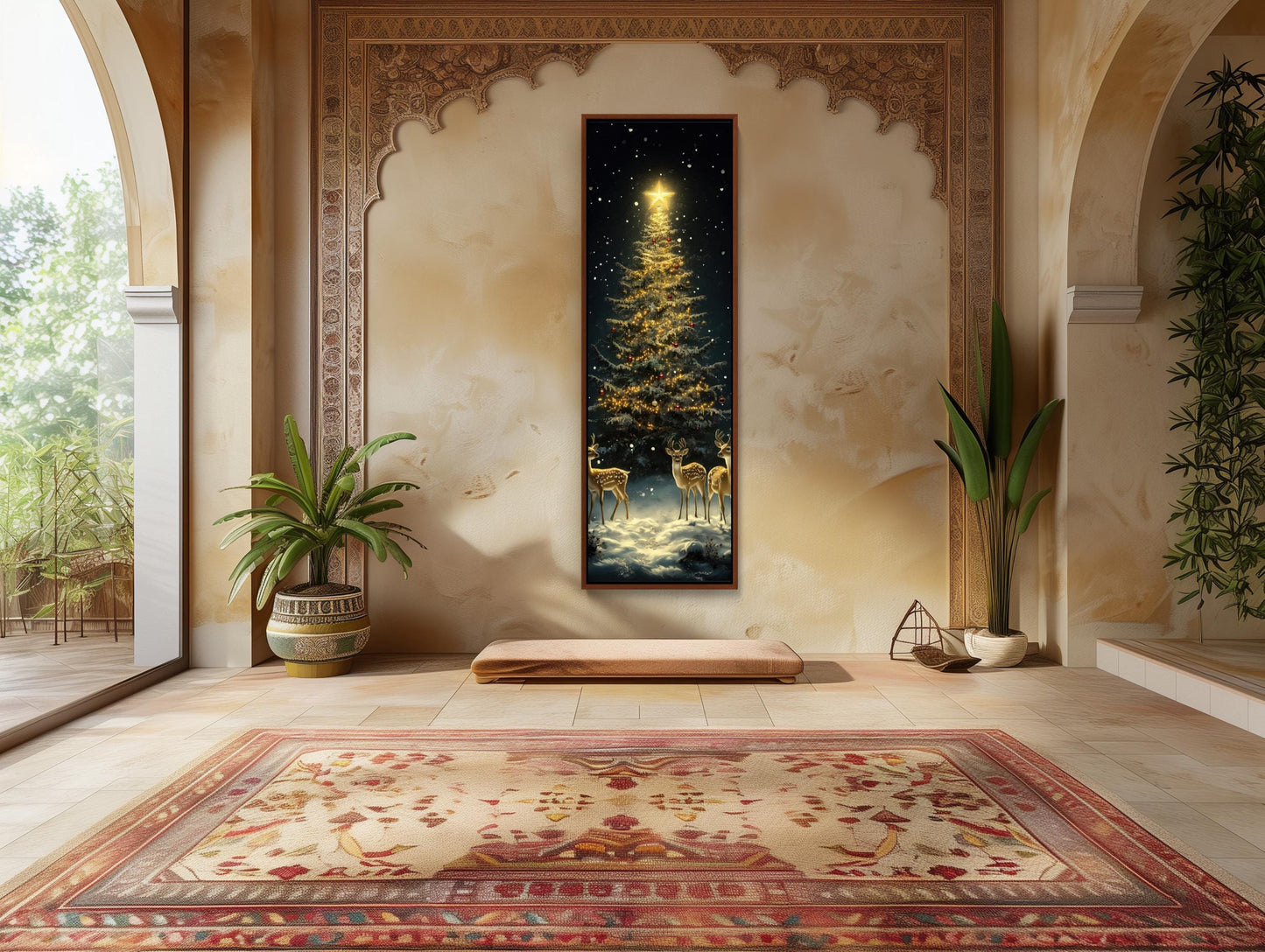 Golden Christmas Tree Canvas - Framed Deer & Snowy Winter Scene Wall Art - Antarmada