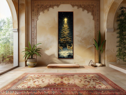 Golden Christmas Tree Canvas - Framed Deer & Snowy Winter Scene Wall Art - Antarmada