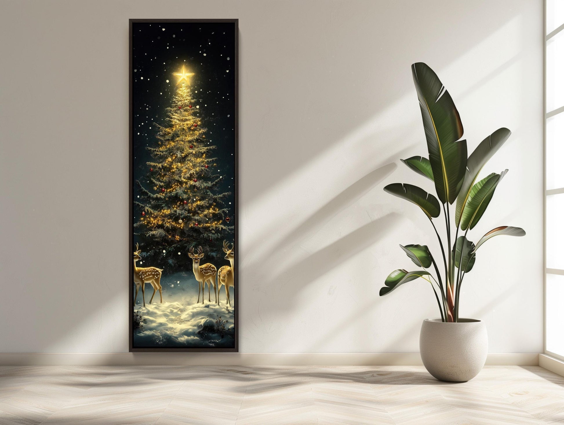 Golden Christmas Tree Canvas - Framed Deer & Snowy Winter Scene Wall Art - Antarmada