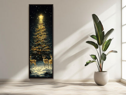 Golden Christmas Tree Canvas - Framed Deer & Snowy Winter Scene Wall Art - Antarmada