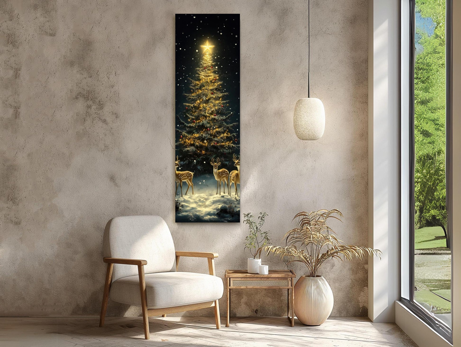 Golden Christmas Tree Canvas - Framed Deer & Snowy Winter Scene Wall Art - Antarmada