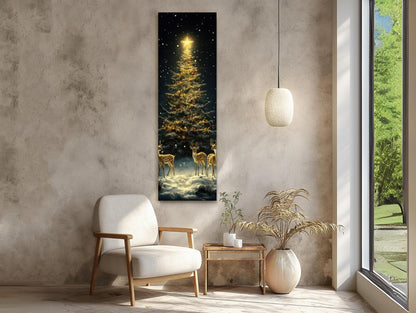 Golden Christmas Tree Canvas - Framed Deer & Snowy Winter Scene Wall Art - Antarmada