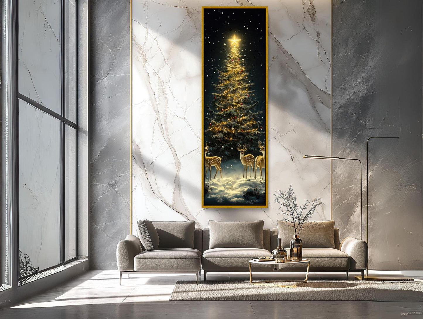 Golden Christmas Tree Canvas - Framed Deer & Snowy Winter Scene Wall Art - Antarmada