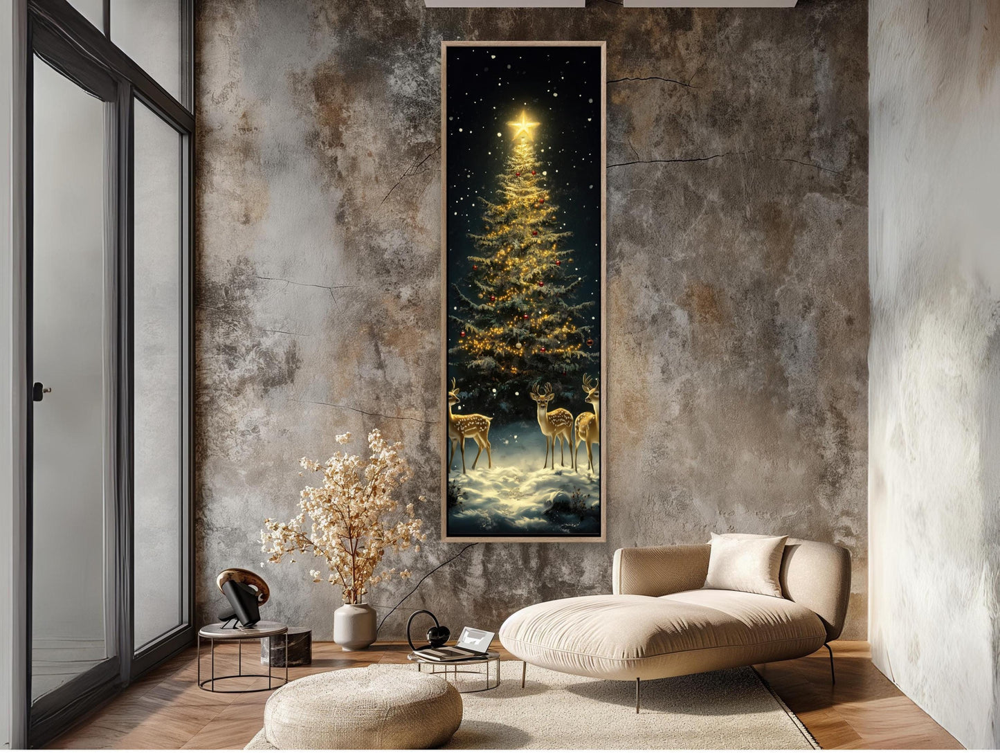 Golden Christmas Tree Canvas - Framed Deer & Snowy Winter Scene Wall Art - Antarmada