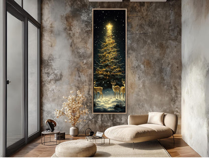 Golden Christmas Tree Canvas - Framed Deer & Snowy Winter Scene Wall Art - Antarmada