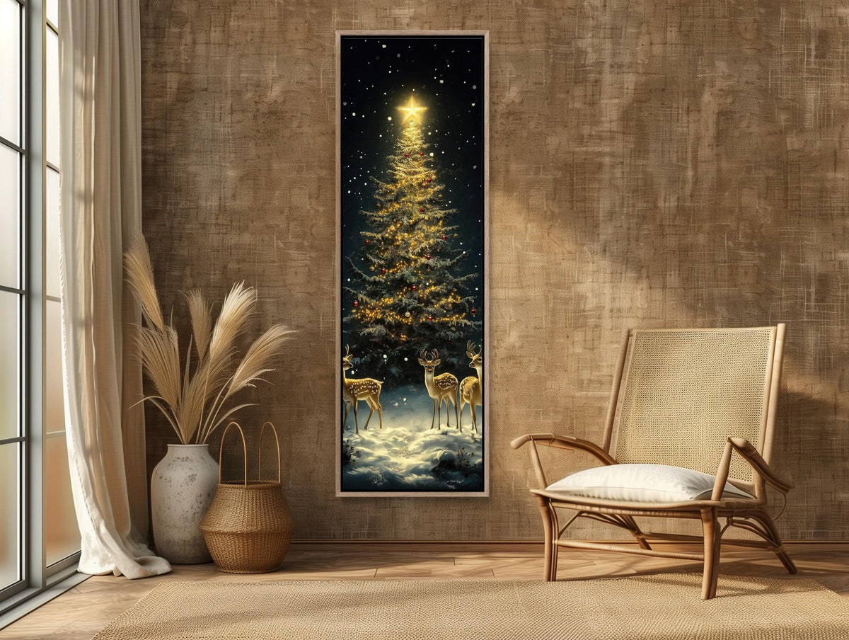 Golden Christmas Tree Canvas - Framed Deer & Snowy Winter Scene Wall Art - Antarmada
