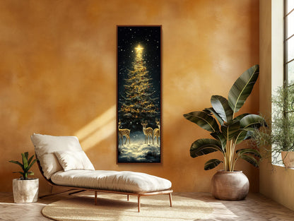 Golden Christmas Tree Canvas - Framed Deer & Snowy Winter Scene Wall Art - Antarmada