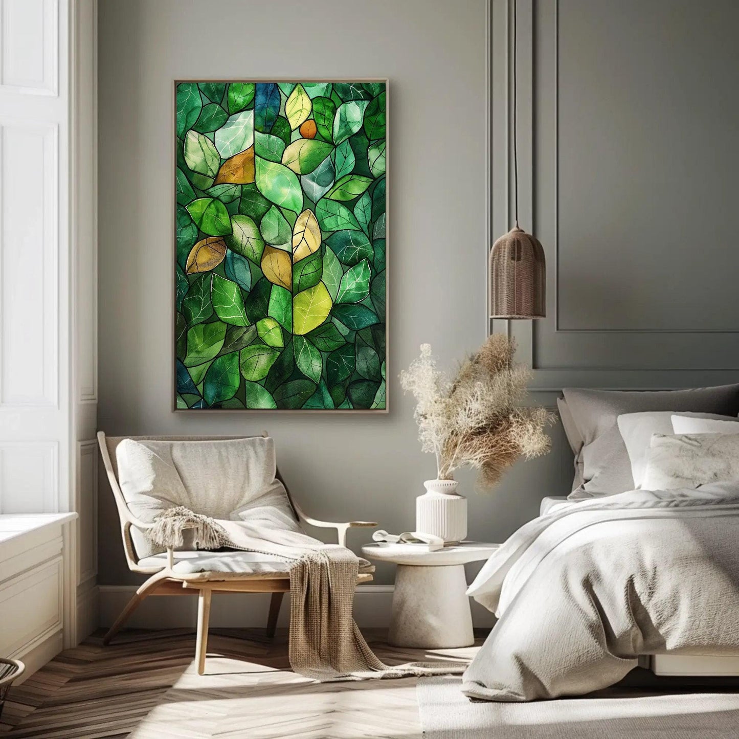Green Stained Glass Canvas – Watercolor Wall Art | Framed Botanical Leaf Print - Antarmada