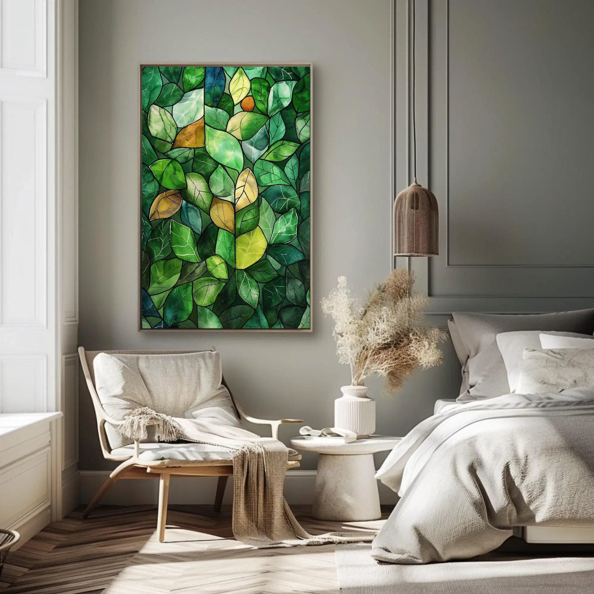 Green Stained Glass Canvas – Watercolor Wall Art | Framed Botanical Leaf Print - Antarmada