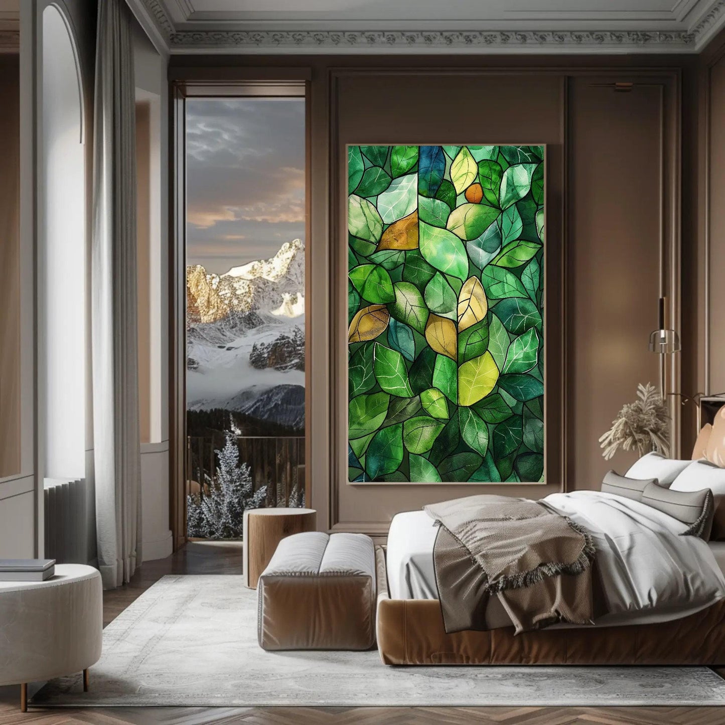 Green Stained Glass Canvas – Watercolor Wall Art | Framed Botanical Leaf Print - Antarmada