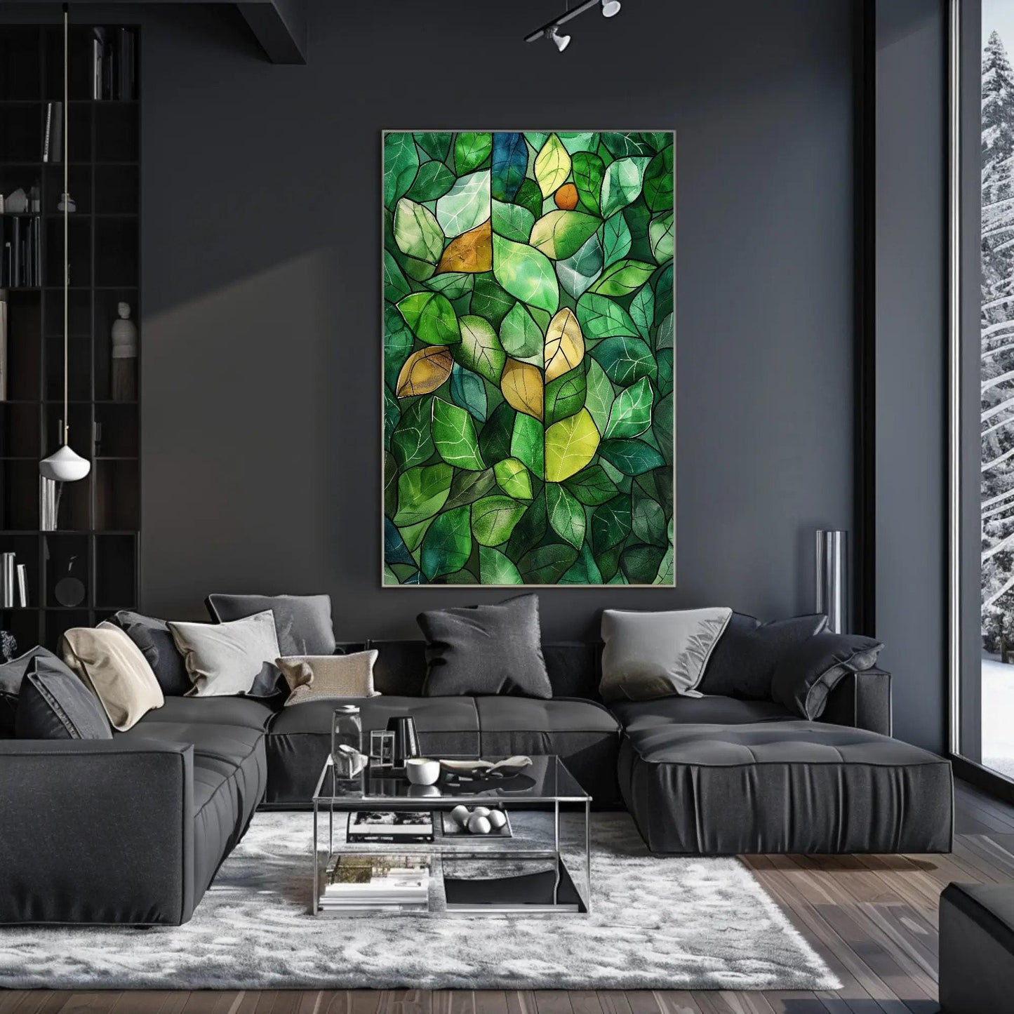 Green Stained Glass Canvas – Watercolor Wall Art | Framed Botanical Leaf Print - Antarmada