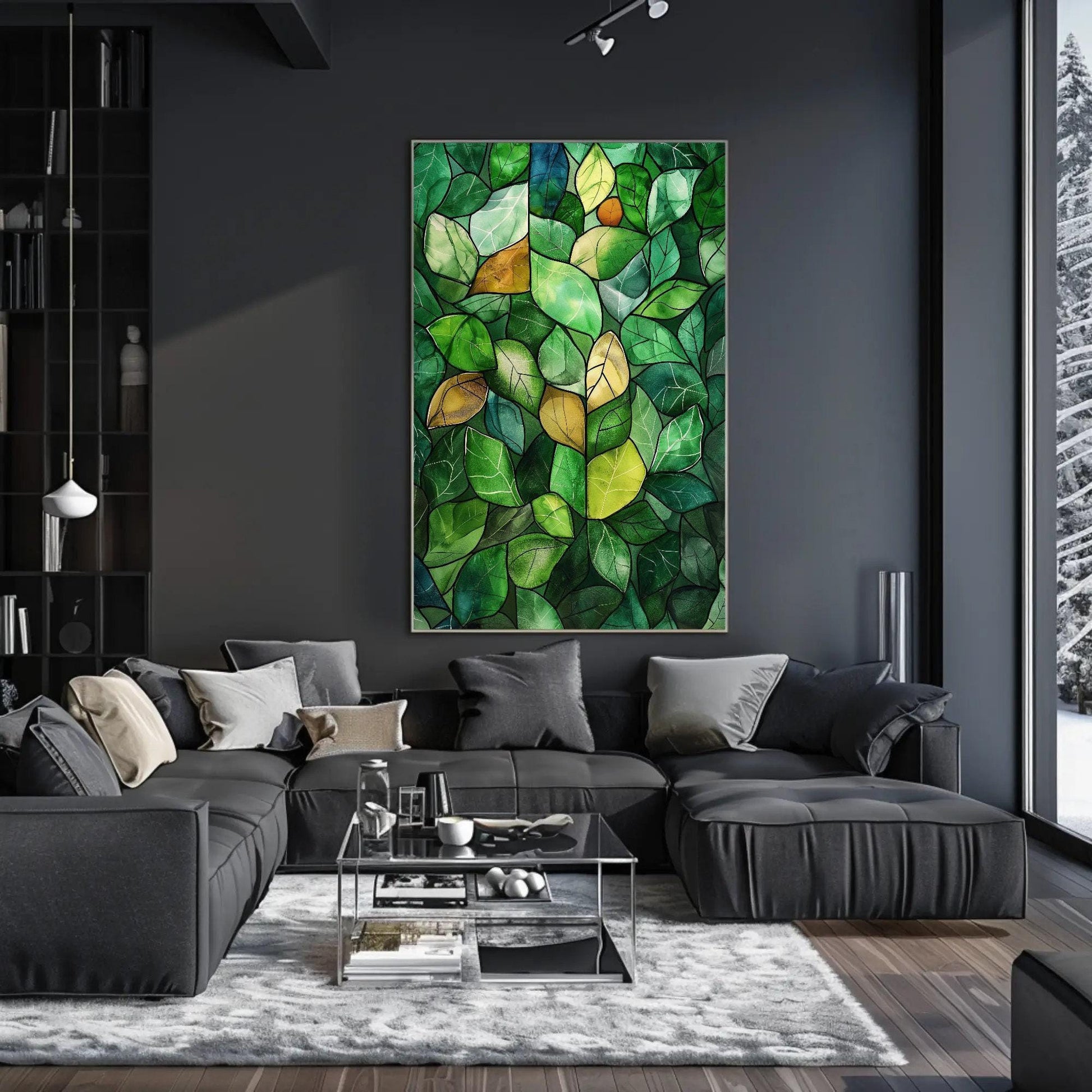 Green Stained Glass Canvas – Watercolor Wall Art | Framed Botanical Leaf Print - Antarmada