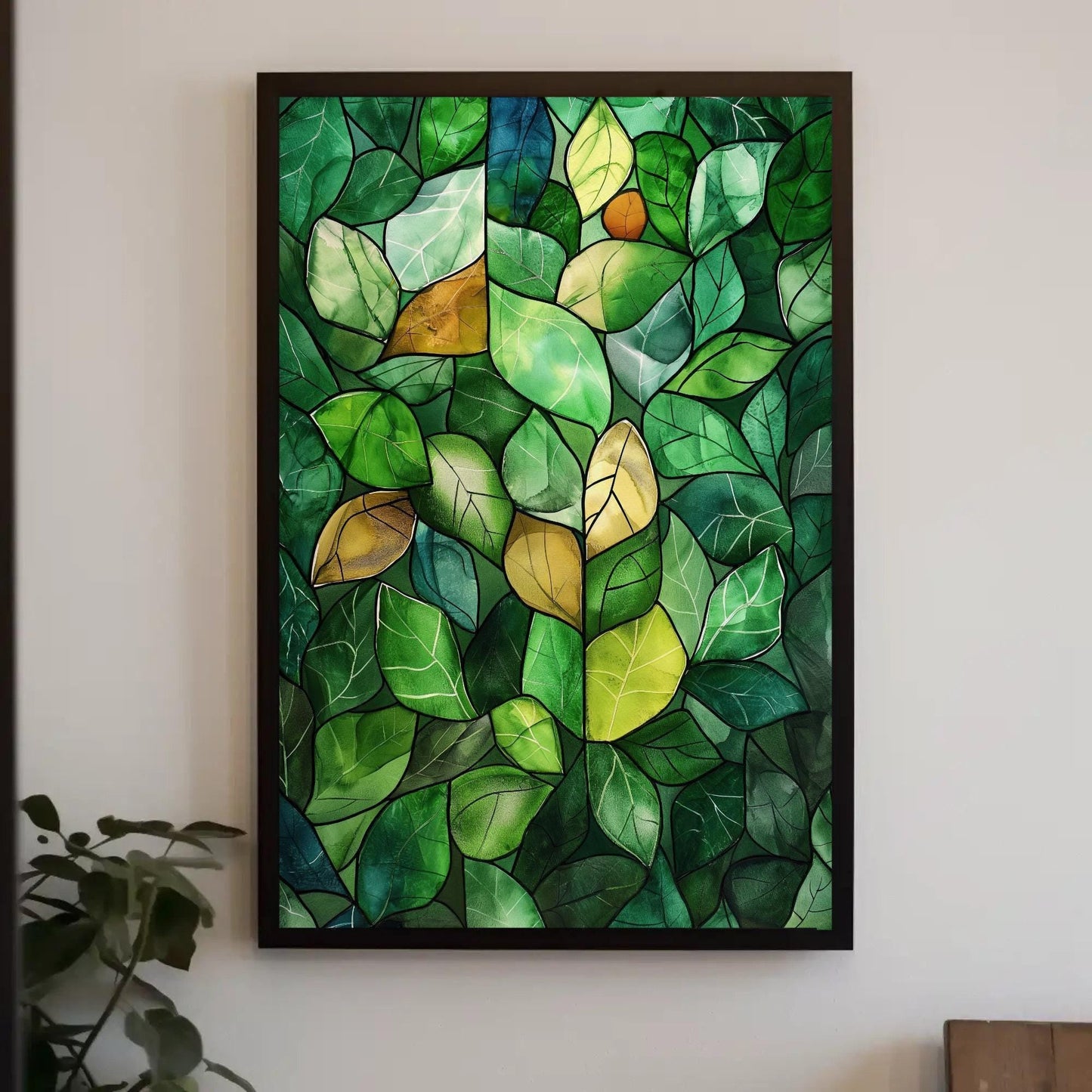 Green Stained Glass Canvas – Watercolor Wall Art | Framed Botanical Leaf Print - Antarmada