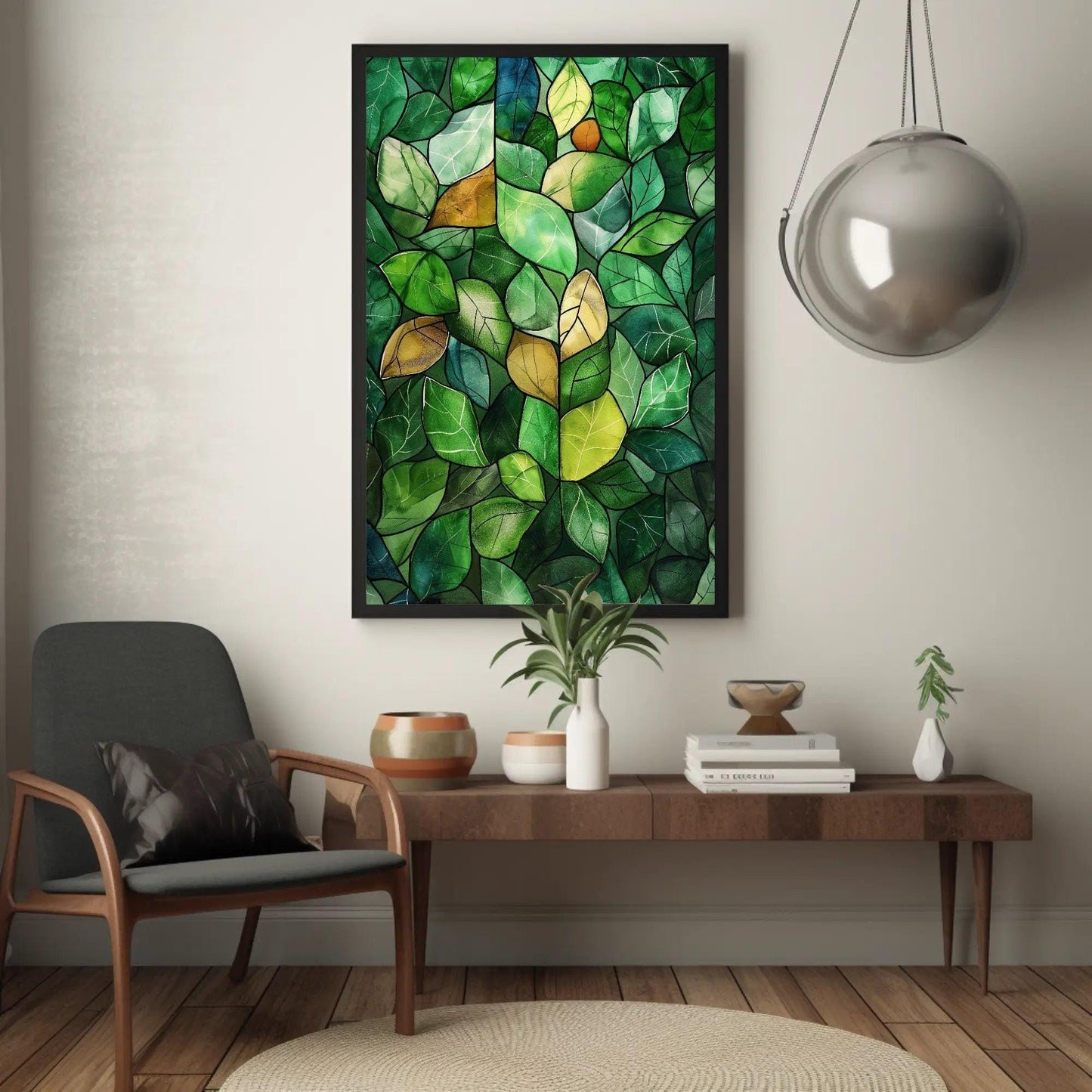Green Stained Glass Canvas – Watercolor Wall Art | Framed Botanical Leaf Print - Antarmada