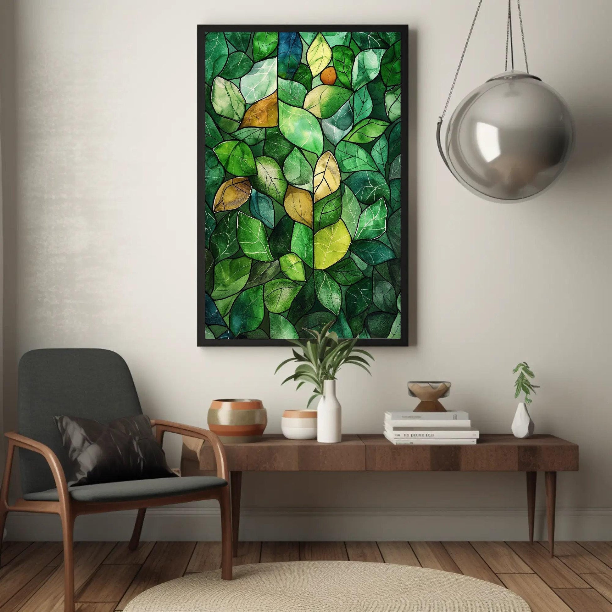 Green Stained Glass Canvas – Watercolor Wall Art | Framed Botanical Leaf Print - Antarmada