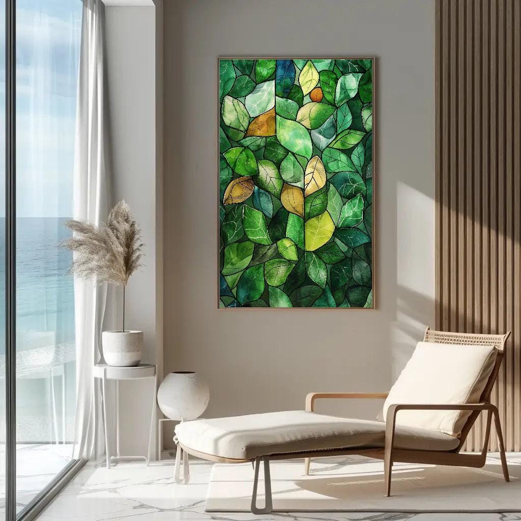 Green Stained Glass Canvas – Watercolor Wall Art | Framed Botanical Leaf Print - Antarmada