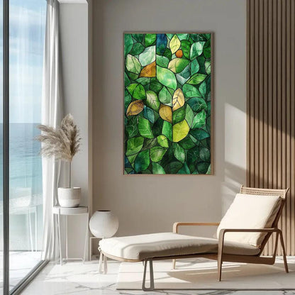 Green Stained Glass Canvas – Watercolor Wall Art | Framed Botanical Leaf Print - Antarmada