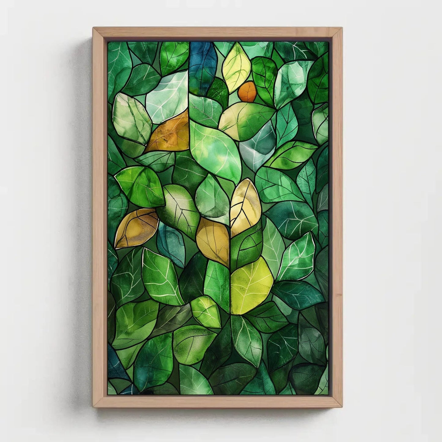 Green Stained Glass Canvas – Watercolor Wall Art | Framed Botanical Leaf Print - Antarmada