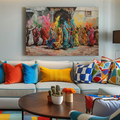 Holi Festival Canvas Print – Vibrant Vrindavan Holi Painting on Premium Museum-Grade Canvas - Antarmada